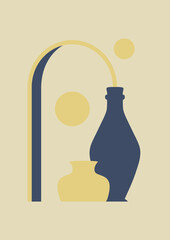 Aesthetic geometric illustration with ceramic vases. Balanced elements, pottery workshop