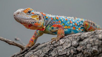 Naklejka na ściany i meble Lizard adorned in a kaleidoscope of colors gracefully traverses a textured twig in solitude