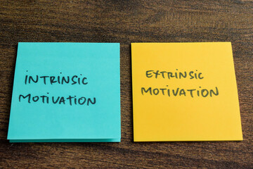 Concept of Intrinsic Motivation or Extrinsic Motivation write on sticky notes isolated on Wooden Table.
