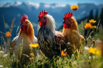 Portrait of chickens on a green grass meadow in mountains, bright sunny day, on a ranch in the village, rural surroundings on the background of spring nature - obrazy, fototapety, plakaty
