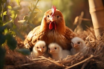 Portrait of a chicken family with a mother and small baby chickens in a nest, near a chicken coop on a ranch in the village, rural surroundings on the background of spring nature - obrazy, fototapety, plakaty