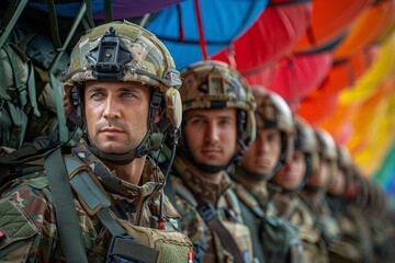 Alert paratrooper wearing a helmet camera, lined up with his squad, ready for a military exercise - obrazy, fototapety, plakaty
