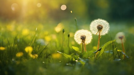 a beautiful summer landscape with dandelions and grass in a forest glade at sunset, sunlight and...