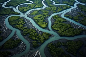 Aerial view of winding river deltas forming intricate waterways - obrazy, fototapety, plakaty