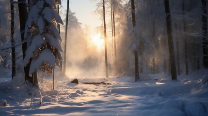 beautiful winter landscape, tree branches in snow covered forest, bright sunlight and beautiful nature