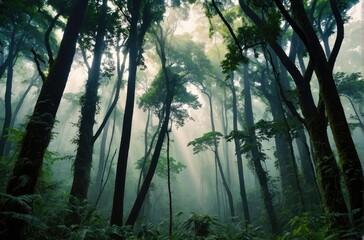 Fototapeta premium Forest Serenity: Sunlight Filtering Through Dense Trees