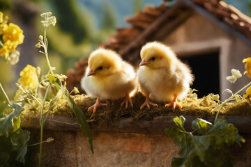 Small chickens against the background of spring nature on Easter, in a bright sunny day at a ranch in a village.