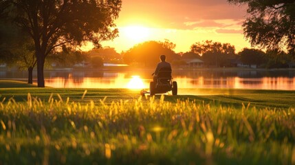 Obraz premium Lawn mower, sunset weekend activities 