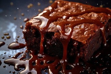 Juicy brownie on a ceramic tile against a galvanized steel background