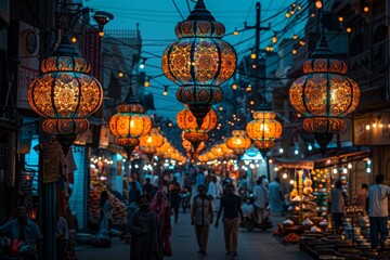 Ornate lanterns illuminate a bustling market street at twilight.