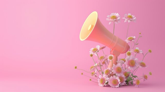 Megaphone scattering rose petals on pink background 