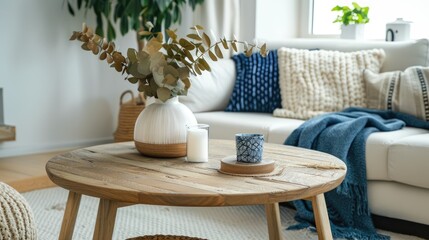 Wooden table on rug in front of settee in simple living room interior