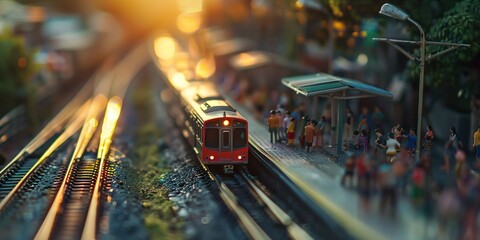 Miniature people waiting train at early morning rush hours. Thai public transportation concept