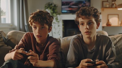 Friends Sitting on a Couch and Playing Video Games on Console - obrazy, fototapety, plakaty