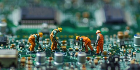 miniature people Motherboard and CPU repair, Concept: working in technical teams