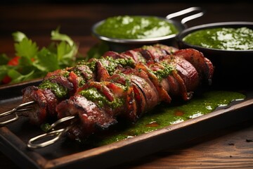 Bacon wrapped beef skewers served with a spicy chimichurri sauce