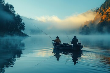 Two individuals fishing from a boat on a calm lake, with fog hanging over in the early morning light, emanating tranquil vibes - obrazy, fototapety, plakaty