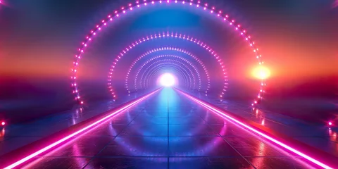 Tuinposter modern conceptual light tunnel. Retro disco lights. Neon background © Poulami