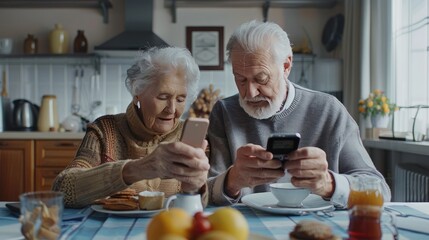 Senior couple using phones to comunicate