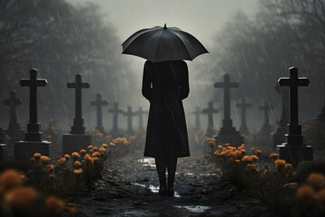 Woman in black standing at the cemetery holding an umbrella and flowers, rainy weather, foggy atmosphere