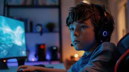 Young boy playing games on a computer at home