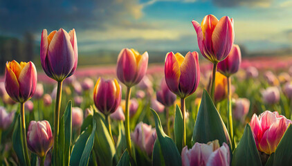 Campo de tulipanes., paisaje primaveral - obrazy, fototapety, plakaty