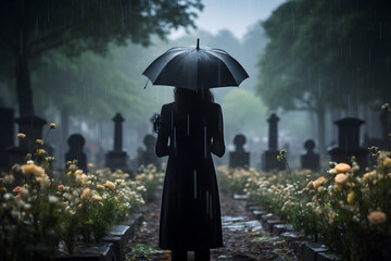 Woman in black standing at the cemetery holding an umbrella and flowers, rainy weather, foggy atmosphere