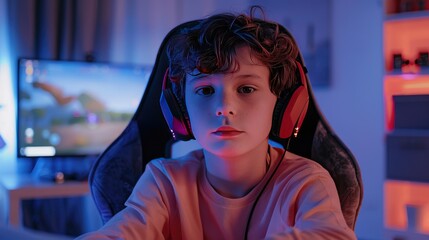 Young boy playing games on a computer at home