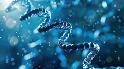 A sparkling DNA double helix illustration with a backdrop of shimmering bokeh lights representing genetic research