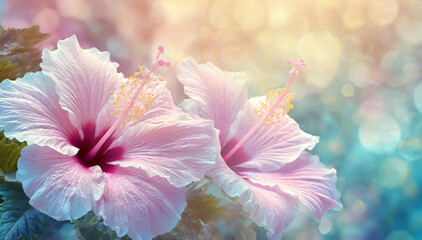 Hibisco, flores rosadas. Fondo floral - obrazy, fototapety, plakaty