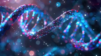 Fotobehang A sparkling DNA double helix illustration with a backdrop of shimmering bokeh lights representing genetic research © velvokayd