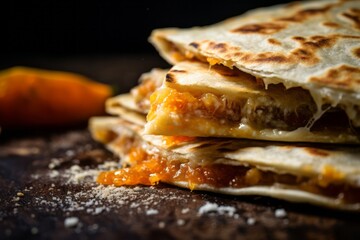 Juicy quesadilla on a wooden board against a galvanized steel background