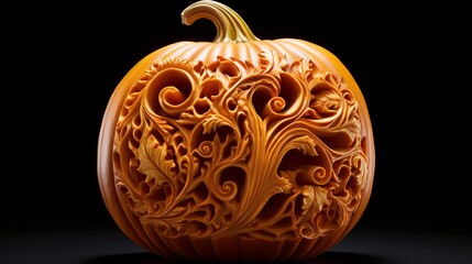 Carved pumpkin with a spooky or intricate design, ideal for Halloween themed projects