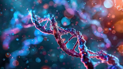 A sparkling DNA double helix illustration with a backdrop of shimmering bokeh lights representing genetic research
