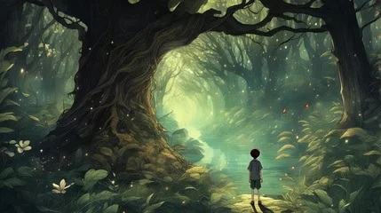 Fotobehang Enchanting Fantasy Illustration Dreaming Boy in a Dark Wonderland © Wasi