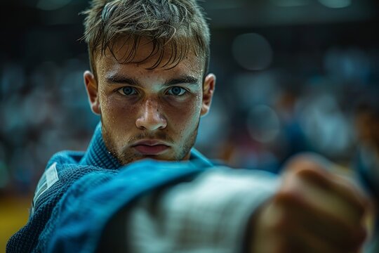 Close-up of a young judo player in competition, gripping his own blue gi with a determined look - Powered by Adobe
