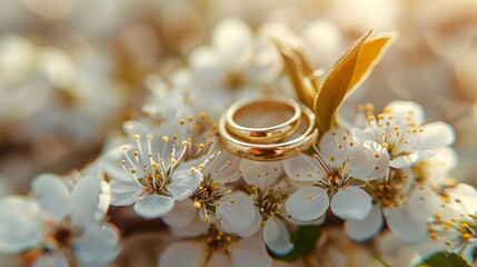 Obraz na płótnie Canvas Tiny white blossoms encircling gleaming gold bands, symbolizing eternal love