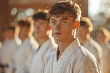 Calm and focused young martial artist in white gi with peers blurred in the background - Powered by Adobe