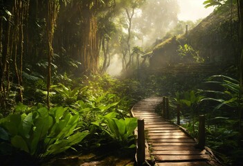 wooden path into the rainforest, hazey