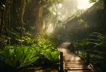 Cercles muraux Route en forêt wooden path into the rainforest, hazey