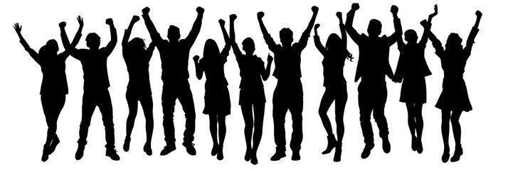 Black silhouette of a group of dancing and celebrating people, transparent or isolated on white background