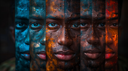 Powerful composite images blending faces with vibrant, textured patterns