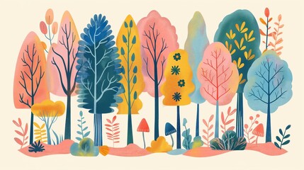 Autumn Forest Scenery with Stylized Trees and Plants Illustration