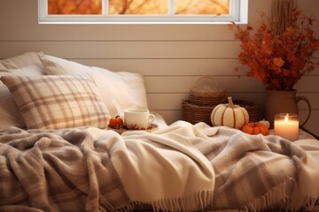 Cozy fall bedroom mockup with warm blankets, books, and autumn decor