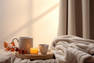 Fototapeta na wymiar Cozy fall scene mockup with a blanket, a cup of coffee, and warm lighting