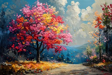 Painting of a tree with colorful flowers in the autumn season. Oil color painting 