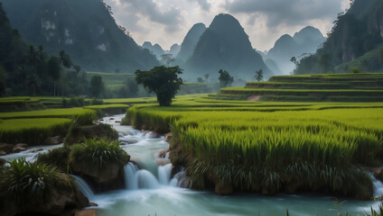 Mystische Morgenstimmung an Asiens Reisterrassen mit fließendem Fluss 
