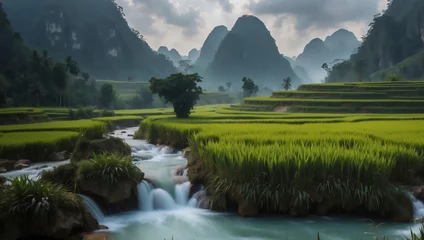Papier Peint photo autocollant Rizières Mystische Morgenstimmung an Asiens Reisterrassen mit fließendem Fluss 