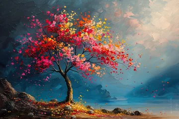 Fotobehang Painting of a tree with colorful flowers in the autumn season. Oil color painting © Poulami