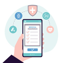 Health insurance online concept. Healthcare on mobile phone. Health care, finance and medical service. Technology for purchasing insurance policy online. Protection and security.